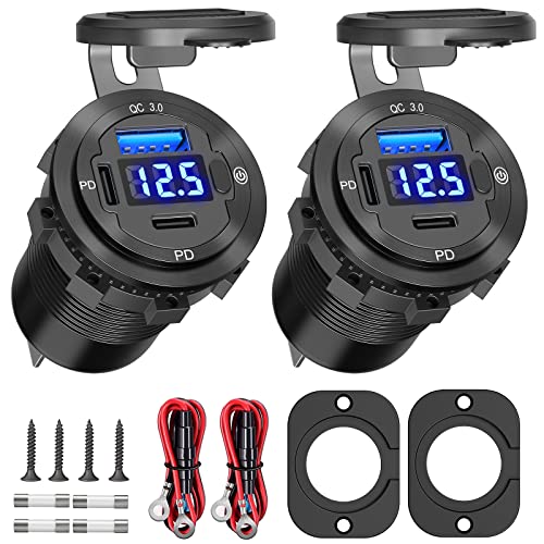 USB C Kfz-Ladebuchse 12 V USB-Steckdose, 2 Stück: Aluminium Metall 58 W Dual PD3.0 20 W USB C und 18 W QC3.0 Port Multi-USB-Ladegerät Steckdose mit LED-Voltmeter-Netzschalter für Wohnmobil, Motorrad, von Ouffun
