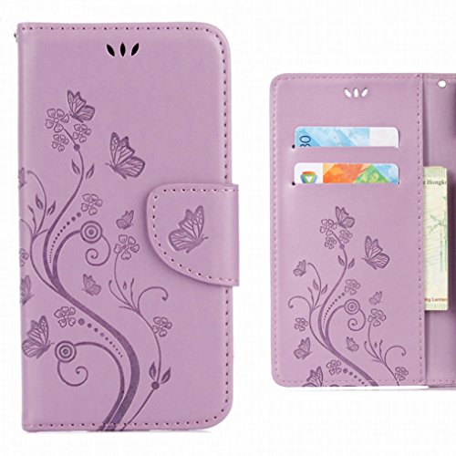 Handyhülle für Asus Zenfone 3 Max ZC520TL Hülle Tasche, Ougger Blume Schmetterling BriefHülle Tasche Schale Schutzhülle Leder Weich Magnetisch Silikon Cover mit Kartenslot (Helles Lila) von Ougger