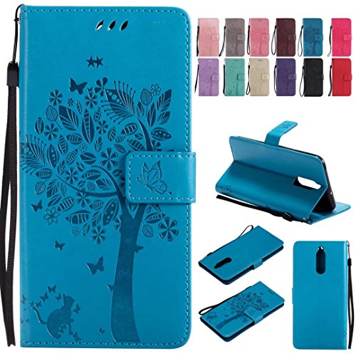 Ougger Handyhülle für Huawei Mate 10 Lite Tasche, Prämie Schutzhülle Schale Weich Tasche Magnet Silikon Beutel Cover Leder Hülle Huawei Mate 10 Lite mit Kartenslot, Katze und Baum (Blau) von Ougger