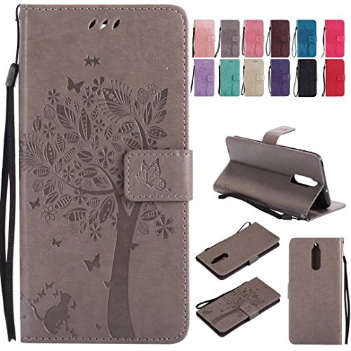 Ougger Handyhülle für Huawei Mate 10 Lite Tasche, Prämie Schutzhülle Schale Weich Tasche Magnet Silikon Beutel Cover Leder Hülle Huawei Mate 10 Lite mit Kartenslot, Katze und Baum (Grau) von Ougger