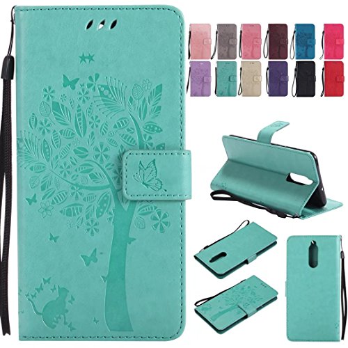 Ougger Handyhülle für Huawei Mate 10 Lite Tasche, Prämie Schutzhülle Schale Weich Tasche Magnet Silikon Beutel Cover Leder Hülle Huawei Mate 10 Lite mit Kartenslot, Katze und Baum (Grün) von Ougger