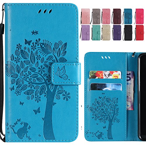 Ougger Handyhülle für Huawei Mate 20 Lite Tasche, Prämie Schutzhülle Weich Tasche Magnet TPU Silikon Beutel Cover Leder Schale für Huawei Mate 20 Lite mit Kartenslot, Katze und Baum (Blau) von Ougger