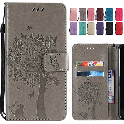 Ougger Handyhülle für Huawei Mate 20 Lite Tasche, Prämie Schutzhülle Weich Tasche Magnet TPU Silikon Beutel Cover Leder Schale für Huawei Mate 20 Lite mit Kartenslot, Katze und Baum (Grau) von Ougger