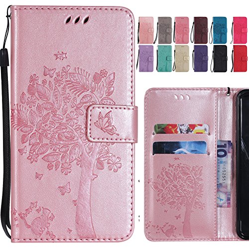 Ougger Handyhülle für Huawei Mate 20 Lite Tasche, Prämie Schutzhülle Weich Tasche Magnet TPU Silikon Beutel Cover Leder Schale für Huawei Mate 20 Lite mit Kartenslot, Katze und Baum (Roségold) von Ougger