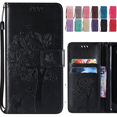 Ougger Handyhülle für Huawei Mate 20 Lite Tasche, Prämie Schutzhülle Weich Tasche Magnet TPU Silikon Beutel Cover Leder Schale für Huawei Mate 20 Lite mit Kartenslot, Katze und Baum (Schwarz) von Ougger