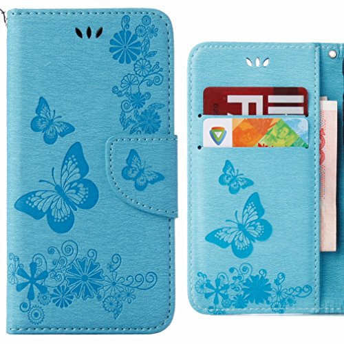 Ougger Handyhülle für Huawei Y6 (2018) Leder Schutzhülle Schale Weich TPU Silikon Magnetisch-Stehen Flip Cover Tasche Huawei Y6 (2018) mit Kartensteckplätzen, Schmetterling Streifen (Blau) von Ougger