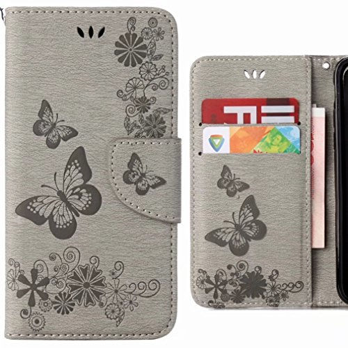 Ougger Hülle für Huawei P20 Lite Handyhüllen, Tasche Leder Schutzhülle Schale Weich TPU Silikon Magnetisch-Stehen Flip Cover Tasche P20 Lite mit Kartensteckplätzen, Schmetterling Streifen (Grau) von Ougger