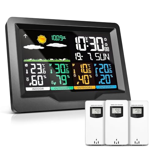 OULE GmbH wetterstation funk mit 3 außensensor, thermometer innen außen,Hygrometer innen,wetterstationen innen und außentemperatur funk mit wettervorhersage,DCF-Funkuhr von Oule GmbH