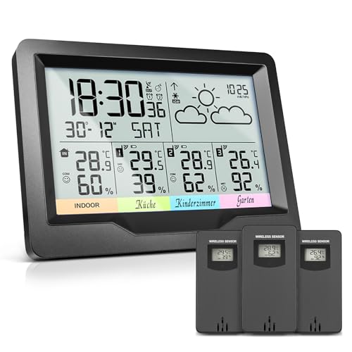 OULE GmbH wetterstation funk mit 3 außensensor, thermometer innen außen,Hygrometer innen mit DIY Label,wetterstationen innen und außentemperatur funk mit wettervorhersage,DCF-Funkuhr von Oule GmbH