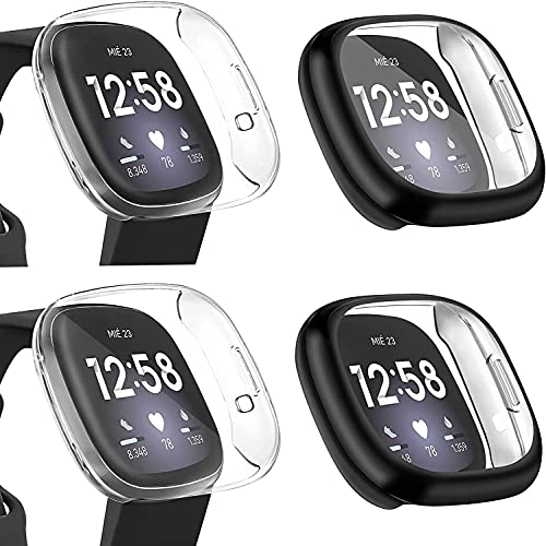 Oumida Displayschutzfolie Kompatibel mit Fitbit Versa 3/Fitbit Sense 4 Stück Displayschutzfolie TPU Stoßfest Schutzhülle für Versa 3/Versa Sense (Schwarz/Schwarz/Transparent) von Oumida