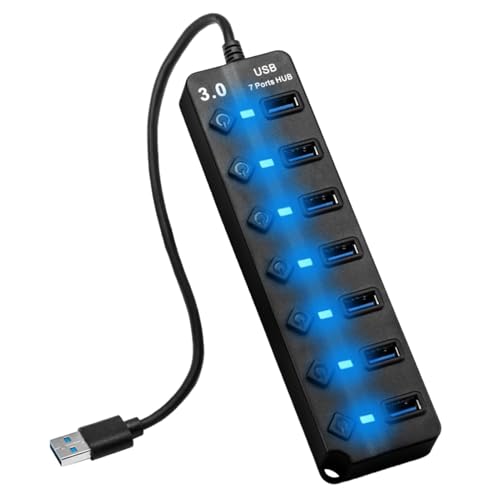 7 in 1 USB Hub 3.0 mit Einzel-Schaltern und 26cm Kabel, USB Verteiler PC für MacBook, PS4, Surface Pro, USB Multiport Externe Festplatten, Hub PC Splitter Mehrfach Adapter mit LED-Anzeigen von Oupdate
