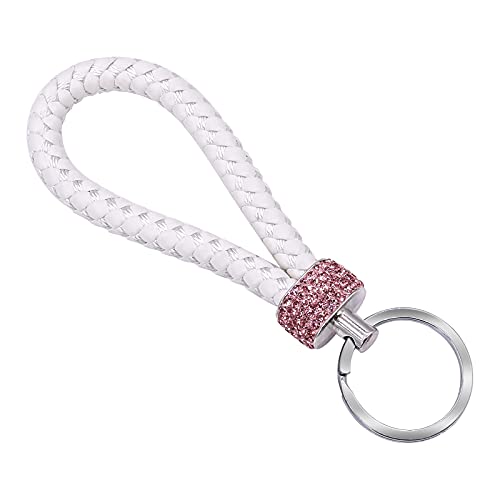 Schlüsselanhänger aus Leder geflochten mit Kunstkristall rund Bling Strass Auto Schlüsselanhänger (Pink) von Ourbest