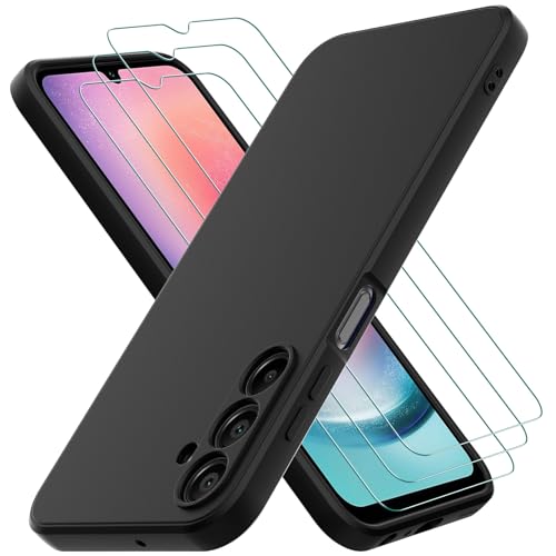 Hülle kompatibel mit Samsung Galaxy A25 5G mit 3 Stück Panzerglas Schutzfolie, Handyhülle für Samsung Galaxy A25 5G Silikon gummiert, Handy Case in Schwarz von Oureidoo