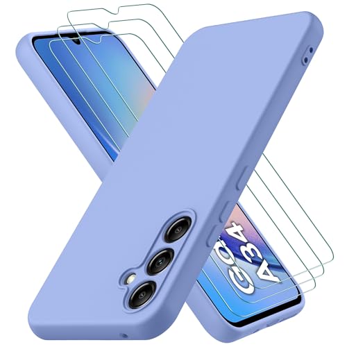 Hülle kompatibel mit Samsung Galaxy A34 5G, mit 3 Stück Panzer Schutz Glas, Handyhülle für Samsung Galaxy A34 5G Silikon gummiert, Handy Case in Violett von Oureidoo