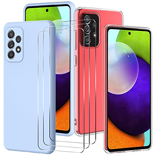 Oureidoo Hülle Samsung Galaxy A72 4G/5G mit 3 Stück Schutzfolie Panzerfolie, Liquid Silikon Handyhülle Slim Hardcase Ultra Dünn Handy Schutzhülle Kratzfest Anti-Fingerabdruck Fallschutz-Hellblau von Oureidoo