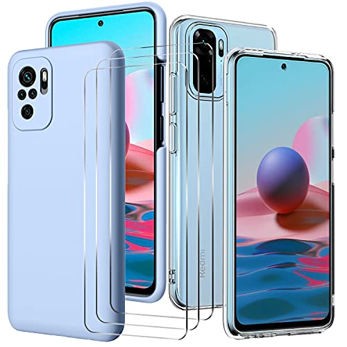 Oureidoo Hülle Xiaomi Redmi Note 10 4G/Note 10S mit 3 Stück Schutzfolie, Liquid Silikon Handyhülle Slim Hardcase Ultra Dünn Handy Schutzhülle Kratzfest Anti-Fingerabdruck Fallschutz - Hellblau von Oureidoo