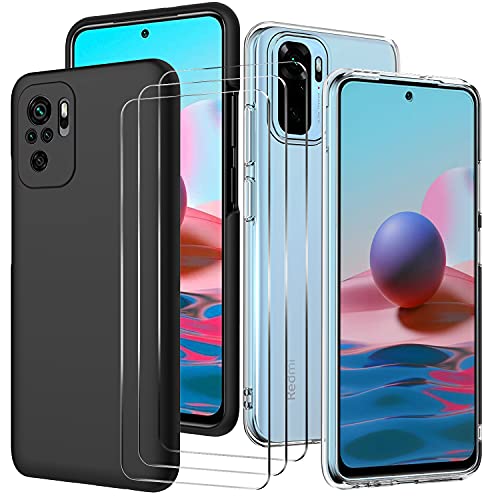 Oureidoo Hülle Xiaomi Redmi Note 10 4G / Note 10S mit 3 Stück Schutzfolie, Liquid Silikon Handyhülle Slim Hardcase Ultra Dünn Handy Schutzhülle Kratzfest Anti-Fingerabdruck Fallschutz - Schwarz von Oureidoo