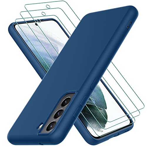 Oureidoo Hülle für Samsung Galaxy S21 FE 5G, mit 3 Stück Panzerglas Schutzfolie, Handyhülle Silikon gummiert, Handy Case in Blau von Oureidoo