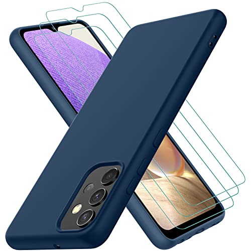 Oureidoo Hülle kompatibel mit Samsung Galaxy A32 4G, mit 3 Stück Panzerglas Schutzfolie, Handyhülle für Samsung Galaxy A32 4G Silikon gummiert, Handy Case in Blau von Oureidoo