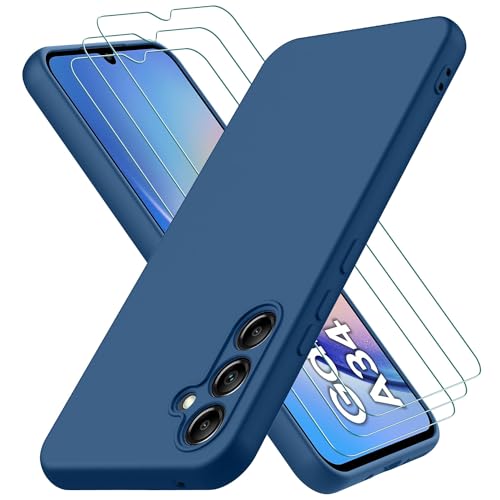 Oureidoo Hülle kompatibel mit Samsung Galaxy A34 5G, mit 3 Stück Panzer Schutz Glas, Handyhülle für Samsung Galaxy A34 5G Silikon gummiert, Handy Case in Blau von Oureidoo