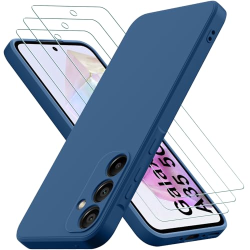 Oureidoo Hülle kompatibel mit Samsung Galaxy A35 5G mit 3 Stück Panzerglas Schutzfolie, Handyhülle für Samsung Galaxy A35 5G Silikon gummiert, Handy Case in Blau von Oureidoo