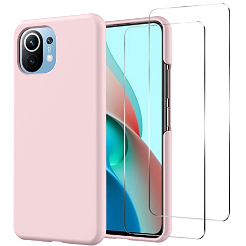 Oureidoo Hülle kompatibel mit Xiaomi Mi 11 Lite 4G / 5G / 5G NE, mit 2 Stück Panzerglas Schutzfolie, Handyhülle für Xiaomi Mi 11 Lite 4G / 5G / 5G NE Silikon gummiert, Handy Case in Rosa von Oureidoo