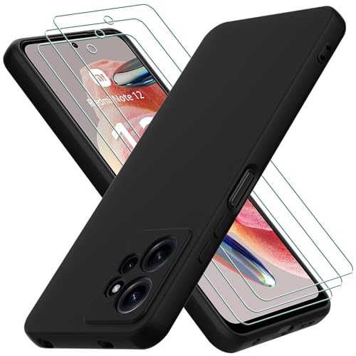 Oureidoo Hülle kompatibel mit Xiaomi Redmi Note 12 4G, mit 3 Stück Panzer Schutz Glas, Handyhülle für Xiaomi Redmi Note 12 4G Silikon gummiert, Handy Case in Schwarz von Oureidoo