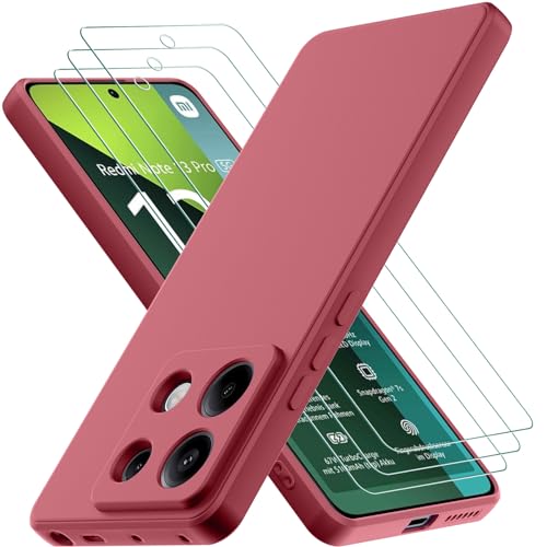 Oureidoo Hülle kompatibel mit Xiaomi Redmi Note 13 Pro 5G / Poco X6 5G mit 3 Stück Panzerglas Schutzfolie, Handyhülle für Redmi Note 13 Pro 5G Silikon gummiert, Handy Case in Weinrot von Oureidoo