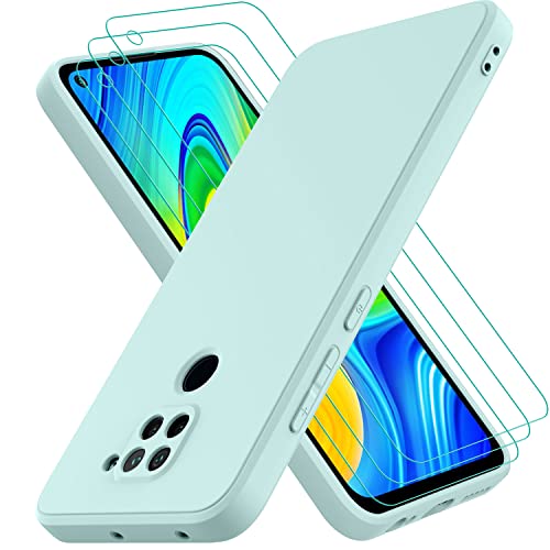 Oureidoo Hülle kompatibel mit Xiaomi Redmi Note 9, mit 3 Stück Panzerglas Schutzfolie, Handyhülle für Xiaomi Redmi Note 9 Silikon gummiert, Handy Case in Hell Grün von Oureidoo