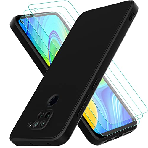 Oureidoo Hülle kompatibel mit Xiaomi Redmi Note 9, mit 3 Stück Panzerglas Schutzfolie, Handyhülle für Xiaomi Redmi Note 9 Silikon gummiert, Handy Case in Schwarz von Oureidoo