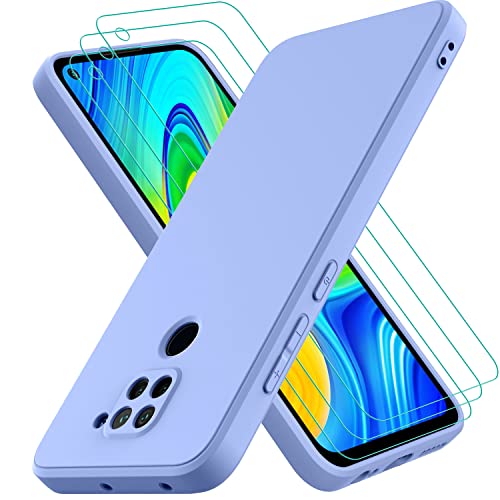 Oureidoo Hülle kompatibel mit Xiaomi Redmi Note 9, mit 3 Stück Panzerglas Schutzfolie, Handyhülle für Xiaomi Redmi Note 9 Silikon gummiert, Handy Case in Violett von Oureidoo