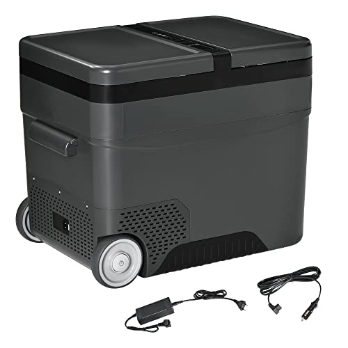 Outsunny Elektrische Kühlbox, tragbar, Gefrierschrank und Kühlschrank mit 2 Zonen, Fassungsvermögen 45 l, mit Rollen, Teleskopgriff, 12/24 V DC und 110 – 240 V AC von Outsunny