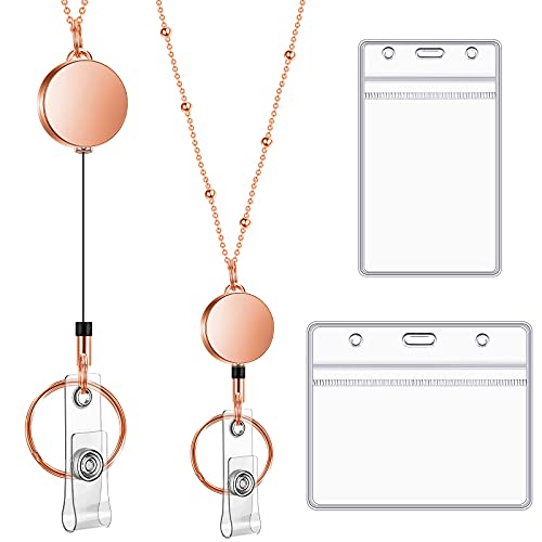 ID Kartenhalter und Einziehbar Spule Set Einziehbar Lanyard Schlüsselband 2 Stücke Klar Wasserdicht Plastik ID Abzeichen Halter und Edelstahl Lanyard Halskette (Rose Gold) von Outus