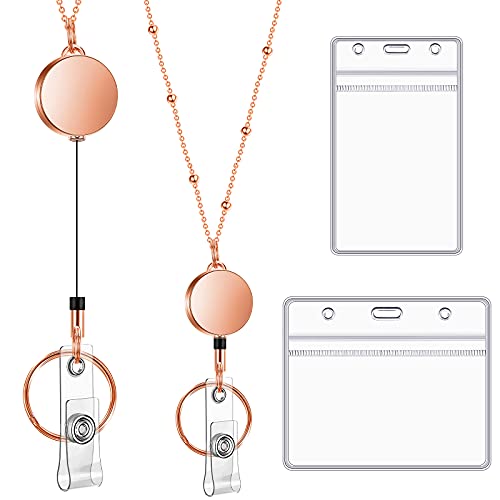 Outus Set 2 Stück Klare Wasserdichte ID-Kartenhalter mit Einziehbarer Spule und Edelstahl Lanyard (Rose Gold) von Outus