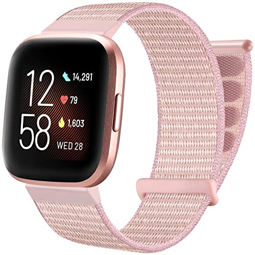 Ouwegaga Armband Kompatibel mit Fitbit Versa Armband/Fitbit Versa 2 Armband, Nylon Atmungsaktive Ersatzarmband aus Kompatibel mit Fitbit Versa/Versa 2/Versa Lite Armband für Damen Herren, PerlRosa von Ouwegaga