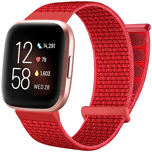 Ouwegaga Armband Kompatibel mit Fitbit Versa Armband/Fitbit Versa 2 Armband, Nylon Atmungsaktive Ersatzarmband aus Kompatibel mit Fitbit Versa/Versa 2/Versa Lite Armband für Damen Herren, Rot von Ouwegaga