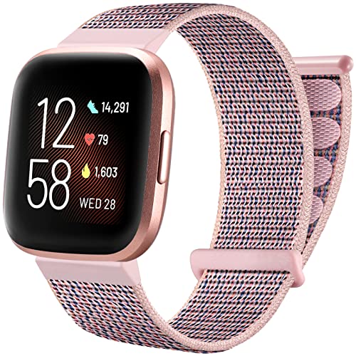 Ouwegaga Armband Kompatibel mit Fitbit Versa Armband/Fitbit Versa 2 Armband, Nylon Atmungsaktive Ersatzarmband aus Kompatibel mit Fitbit Versa/Versa 2/Versa Lite Armband für Damen Herren, SandRosa von Ouwegaga