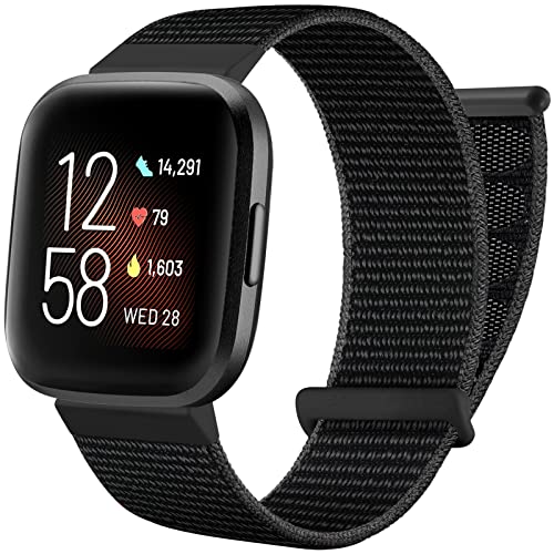 Ouwegaga Armband Kompatibel mit Fitbit Versa Armband/Fitbit Versa 2 Armband, Nylon Atmungsaktive Ersatzarmband aus Kompatibel mit Fitbit Versa/Versa 2/Versa Lite Armband für Damen Herren, Schwarz von Ouwegaga