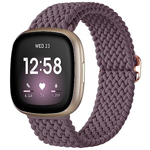 Ouwegaga Geflochtene Armband Kompatibel mit Fitbit Versa 4/Sense 2/Versa 3/Sense Armband, Verstellbares Elastisch Uhrenarmband Loop Sport Ersatzarmbänder für Sense/Versa 3, Rauchiges Violett von Ouwegaga