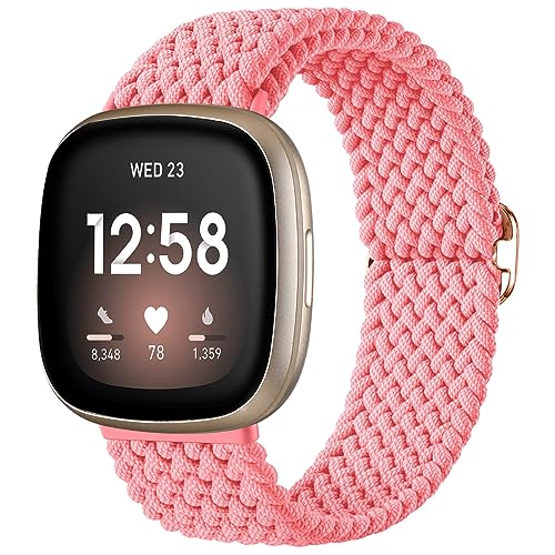 Ouwegaga Geflochtene Armband Kompatibel mit Fitbit Versa 4/Sense 2/Versa 3/Sense Armband für Herren Damen, Verstellbares Elastisch Nylon Uhrenarmband Loop Sport Ersatzarmbänder für Versa 3/Sense, Rosa von Ouwegaga