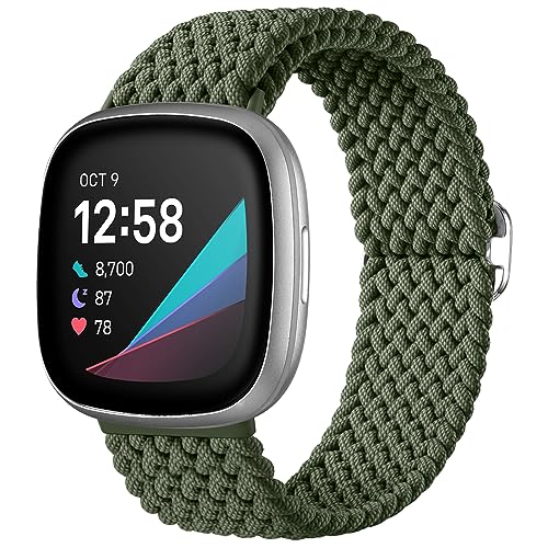 Ouwegaga Geflochtene Armband Kompatibel mit Fitbit Versa 4/Sense 2/Versa 3/Sense Armband für Herren Damen, Verstellbares Elastisch Nylon Uhrenarmband Loop Sport Ersatzarmbänder für Versa 3/Sense, Grün von Ouwegaga