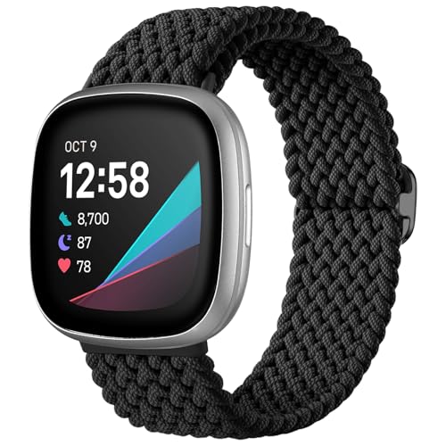 Ouwegaga Geflochtene Armband Kompatibel mit Fitbit Versa 4/Sense 2/Versa 3/Sense Armband für Herren Damen, Verstellbares Elastisch Uhrenarmband Loop Sport Ersatzarmbänder für Sense/Versa 3, Schwarz von Ouwegaga