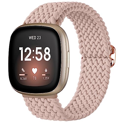 Ouwegaga Geflochtene Armband Kompatibel mit Fitbit Versa 4/Sense 2/Versa 3/Sense Armband für Herren Damen, Verstellbares Elastisch Uhrenarmband Loop Sport Ersatzarmbänder für Sense/Versa 3, Hellrosa von Ouwegaga