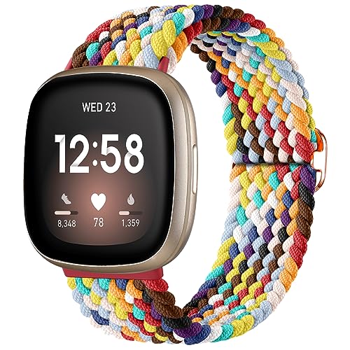 Ouwegaga Geflochtene Armband Kompatibel mit Fitbit Versa 4/Sense 2/Versa 3/Sense für Herren Damen, Verstellbares Elastisch Nylon Uhrenarmband Loop Sport Ersatzarmbänder , Bunt von Ouwegaga