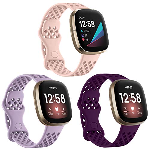 Ouwegaga Kompatibel mit Fitbit Versa 3/Fitbit Sense Armband, Weichem Silikon Sportarmband Ersatz Armband Kompatibel mit Versa 3/Sense für Damen Männer, Klein Pink/Lavendel/Pflaume von Ouwegaga