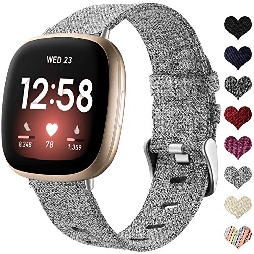 Ouwegaga Stoff Armband Kompatibel mit Fitbit Versa 3/Fitbit Sense 1/2 Armband, Atmungsaktiv Nylon Woven Ersatz Armband Kompatibel mit Fitbit Sense/Versa 3 für Damen Männer, Klein Grau von Ouwegaga