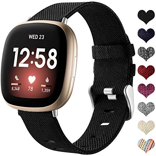 Ouwegaga Stoff Armband Kompatibel mit Fitbit Versa 3/Fitbit Sense 1/2 Armband, Atmungsaktiv Nylon Woven Ersatz Armband Kompatibel mit Fitbit Sense/Versa 3 für Damen Männer, Klein Schwarz von Ouwegaga