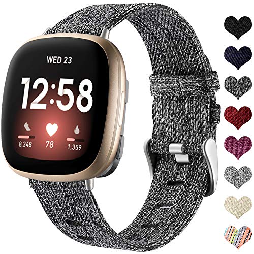 Ouwegaga Stoff Armband Kompatibel mit Fitbit Versa 3/Fitbit Sense 1/2 Armband, Atmungsaktiv Nylon Woven Ersatz Armband Kompatibel mit Sense/Versa 3 für Damen Männer, Groß Schwarz Grau von Ouwegaga