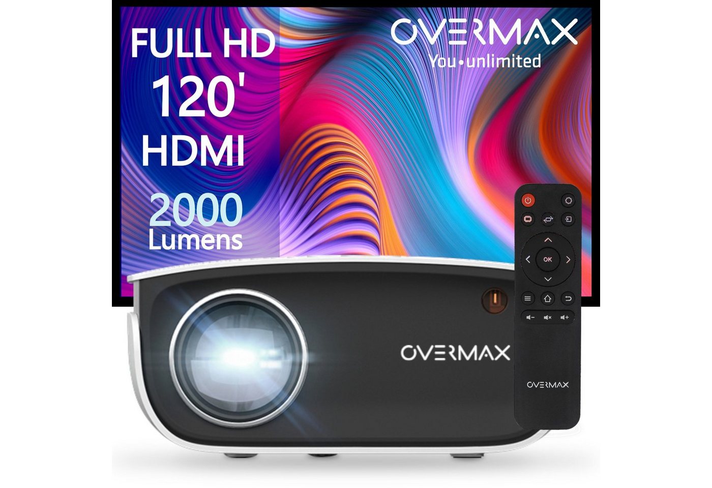 Overmax MULTIPIC 2.5 LED-Beamer (2000 lm, Kontrast 1500:1, Full HD 1920x1080p px, Gratis HDMI-Kabel 50.000 Stunden 120 Zoll 2000Lumen) von Overmax