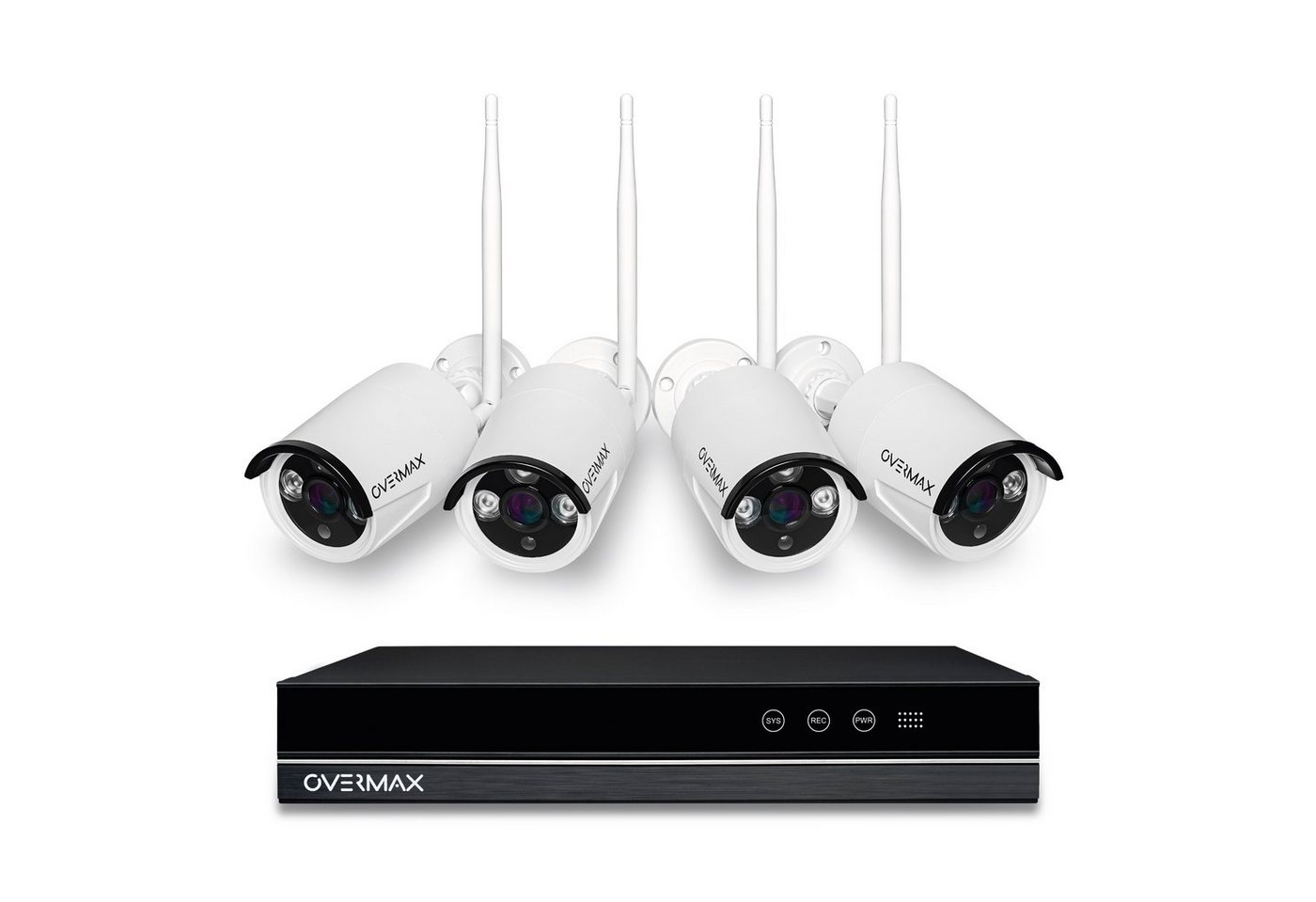 Overmax Überwachungsset mit 4 Kameras 1080p IP-Überwachungskamera (FullHD 1080p, WLAN (Wi-Fi), inkl. DVR, 4 Kameras, Maus, Montage-Kit, 5 Stromversorgungen, WLAN, 25m, PRO- IP66, FullHD 1080p, 4xKameras, WiFi) von Overmax